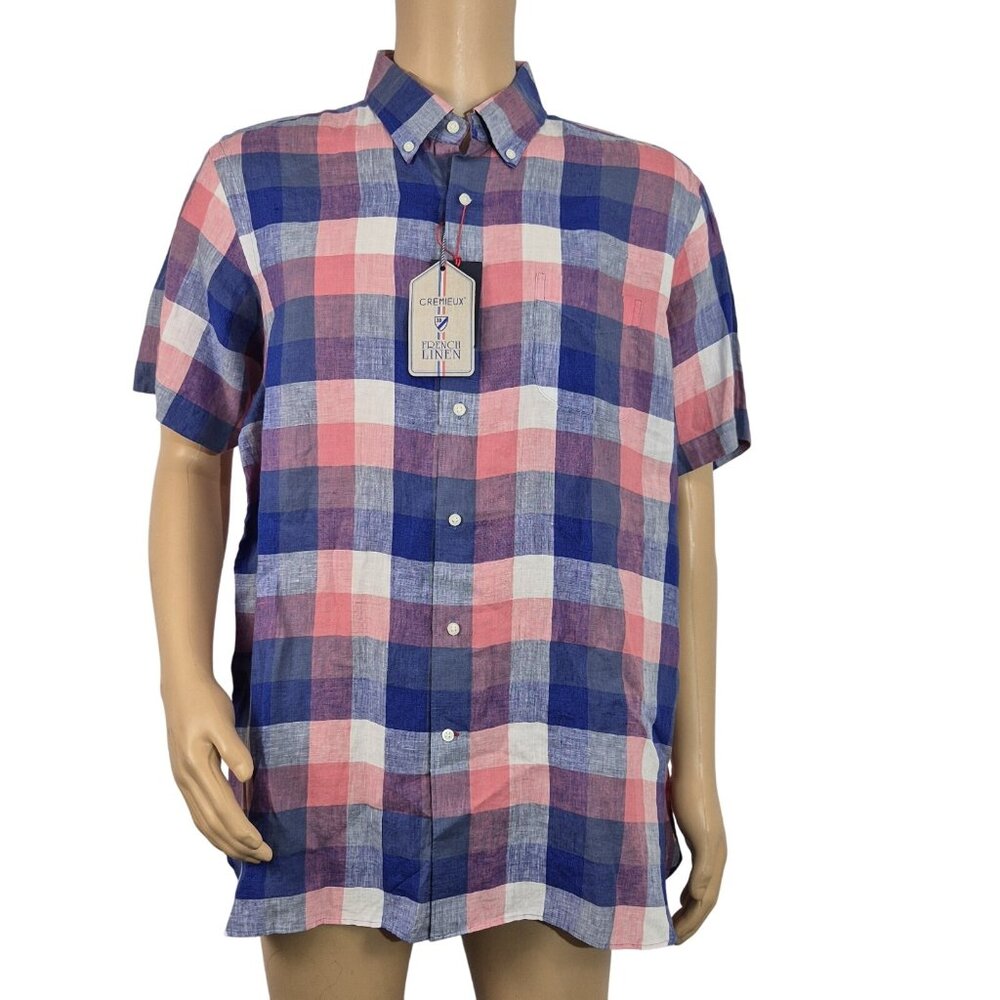 Cremieux Classics Men's Shirt Size L French Linen Short Sleeve Plaid Pink (56 - Picture 2 of 10